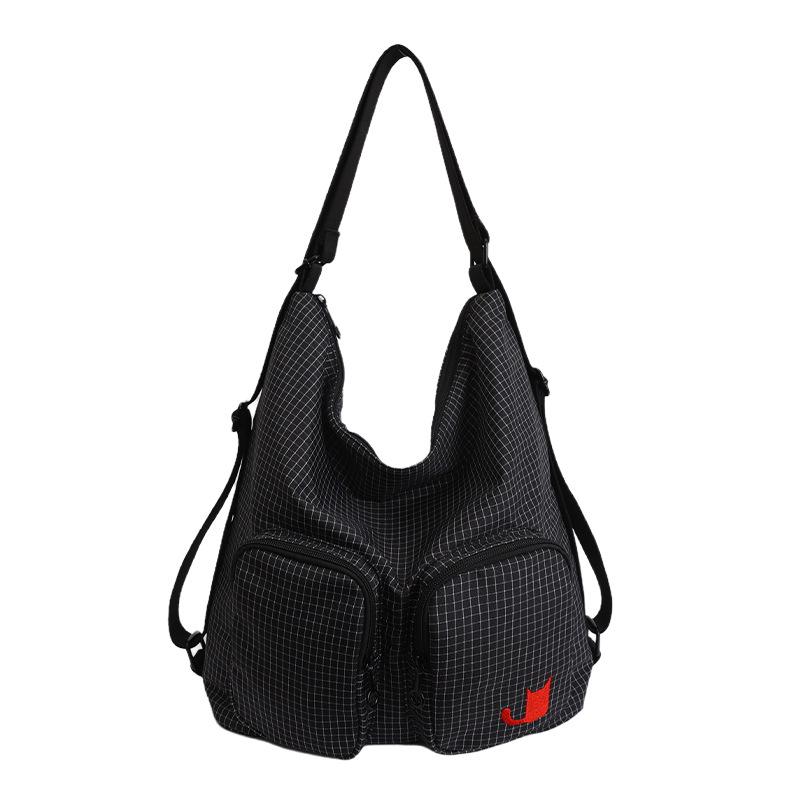 Trendy niche plaid multi-pocket backpack for women2026New large-capacity multifunctial casual commuter canvas bag чёрный