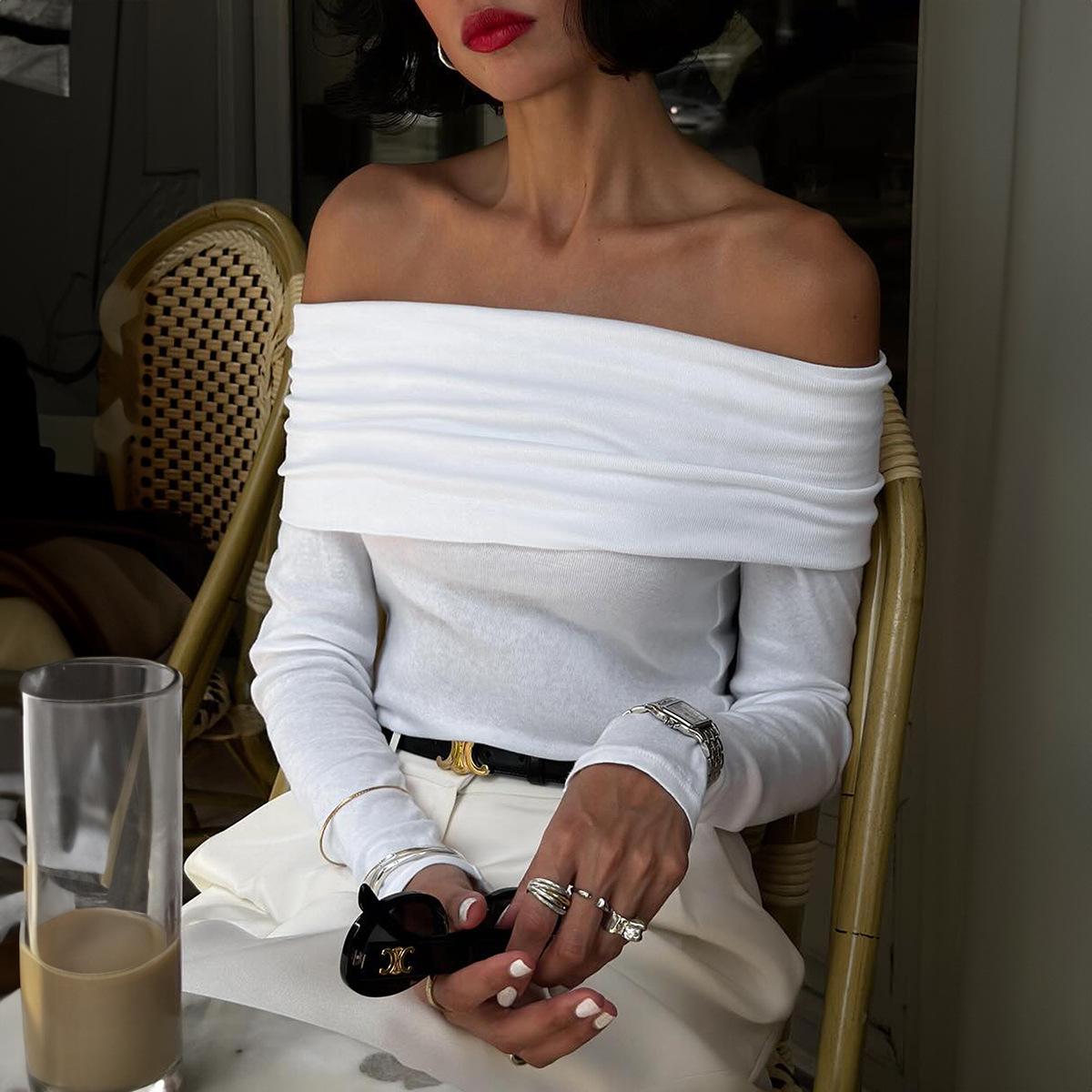 

Elegant One-shoulder Long-sleeved T-shirt for Women 2025 Autumn and Winter S білий