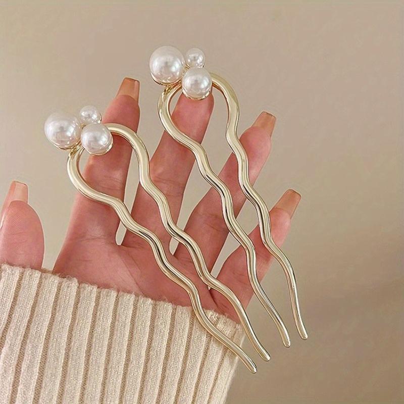 Chinese Style Faux Pearl Wave U-shaped Hairpin, Metal Golden Hair Stick, Bun Headwear