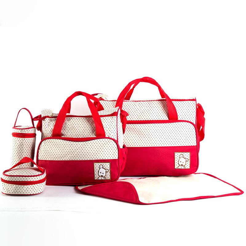 Fashionable Polka Dot 5-Piece Mommy Bag Set - Versatile, Large Capacity Shoulder Bag for Mother and Baby