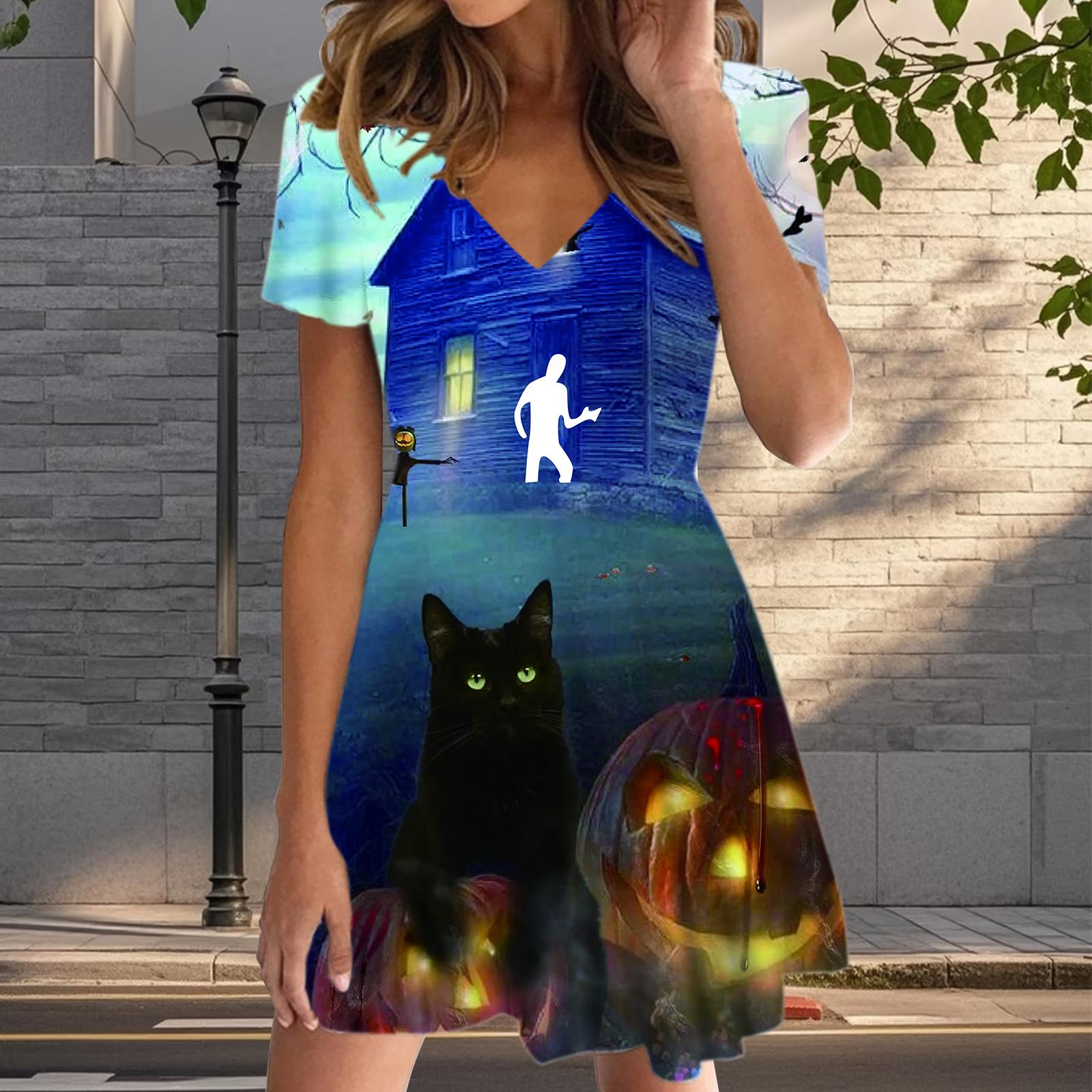 

Летняя мода женские V-образный вырез короткий рукав черный кот принтованное платье сексуальные короткие юбки платья 8XL синий