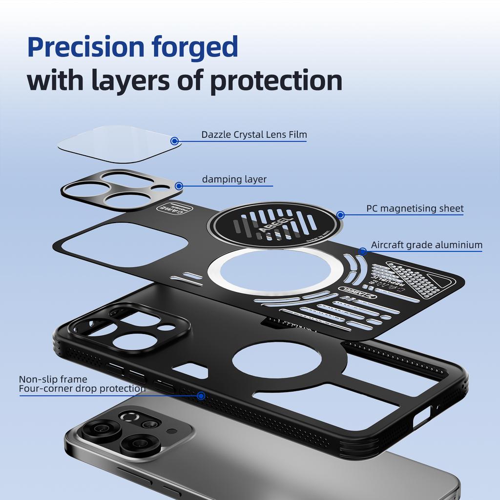 ABEEL For Oppo Reno14 5G (Global) Magnetic Case Aluminium Alloy+PC+TPU Hollow Heat Dissipation Phone Cover