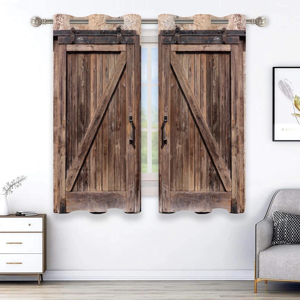 2pcs Light Colour Wooden Door Printed Curtain For Home Decor Rod Pocket Window Treatment For Bedroom,Office,Kitchen,Living Room