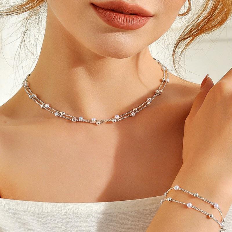 Элегантный набор: жемчужное колье и браслет для женщин - Универсальная многослойная цепочка на ключицы, модная бижутерия