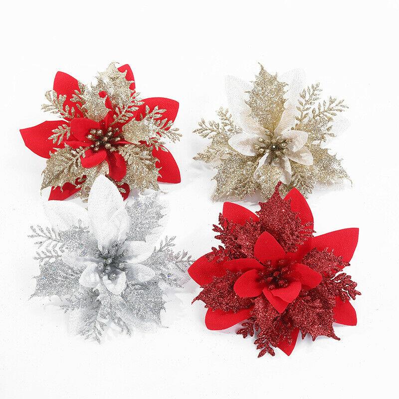 Poinsettia Ornament Festive Color Christmas Party Decor Large Ornament Tree Hanging Design Glitter Decoration For Holiday Party