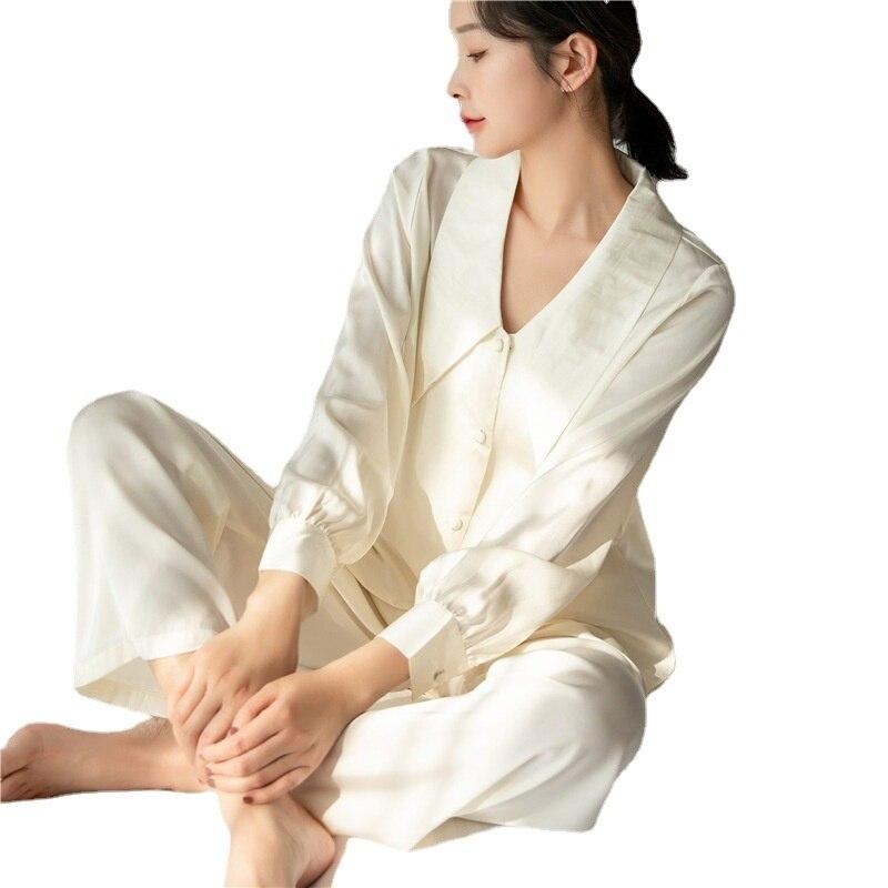 Женская мода элегантный тонкий ледяной шелк с длинным рукавом с воротником домашняя — фото 5