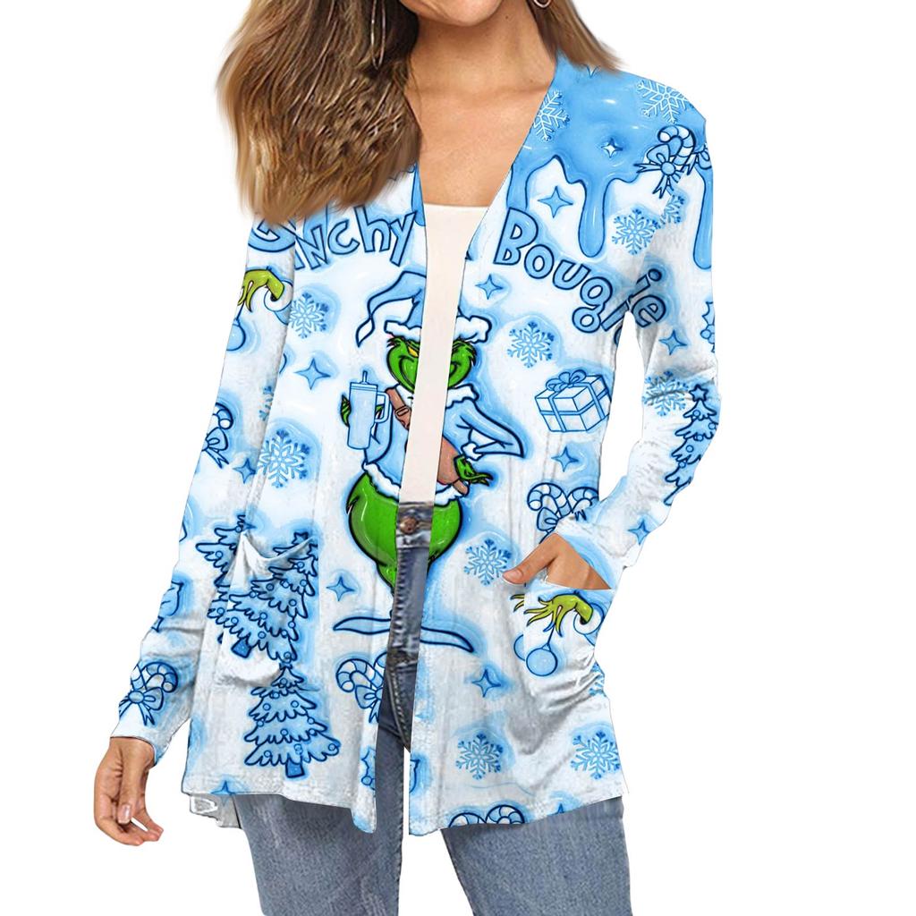 Women's Fashion Christmas Print Long-Sleeved Pocketed Slim-Fit Cardigan Coat