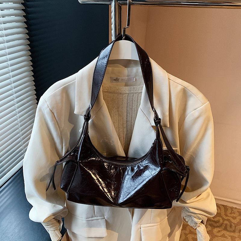 Spice Girl Bow Double Pocket Underarm Bag Glossy Oil Wax Leather Trend Locomotive Bag Shoulder Bag