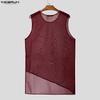 INCERUN Men O Neck Sleeveless See Through Irregular Mesh Sheer Long Tank Tops