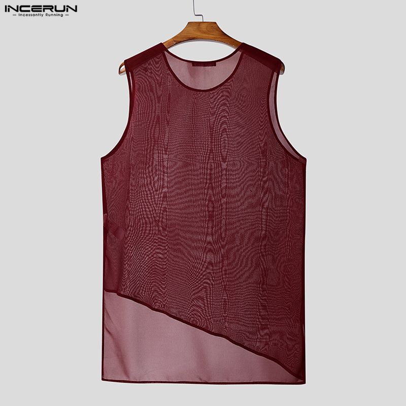 INCERUN Men O Neck Sleeveless See Through Irregular Mesh Sheer Long Tank Tops