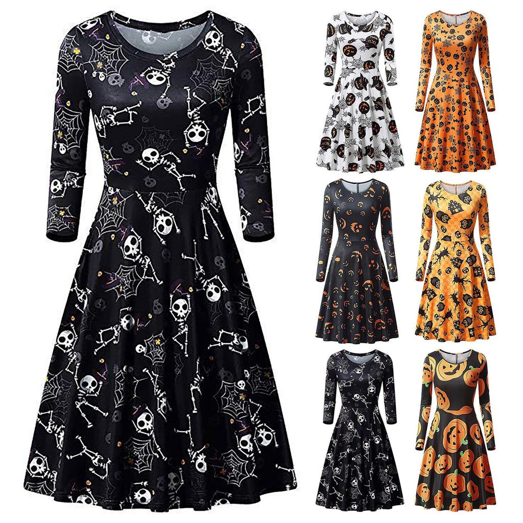 Women Casual Fashion Long Sleeve   Printed Halloween Dress