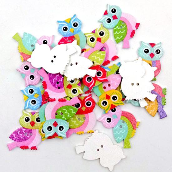 50Pcs Multicolor Cute Owl Design 2 Hole Wood Button Bag Clothes Sewing Accessory