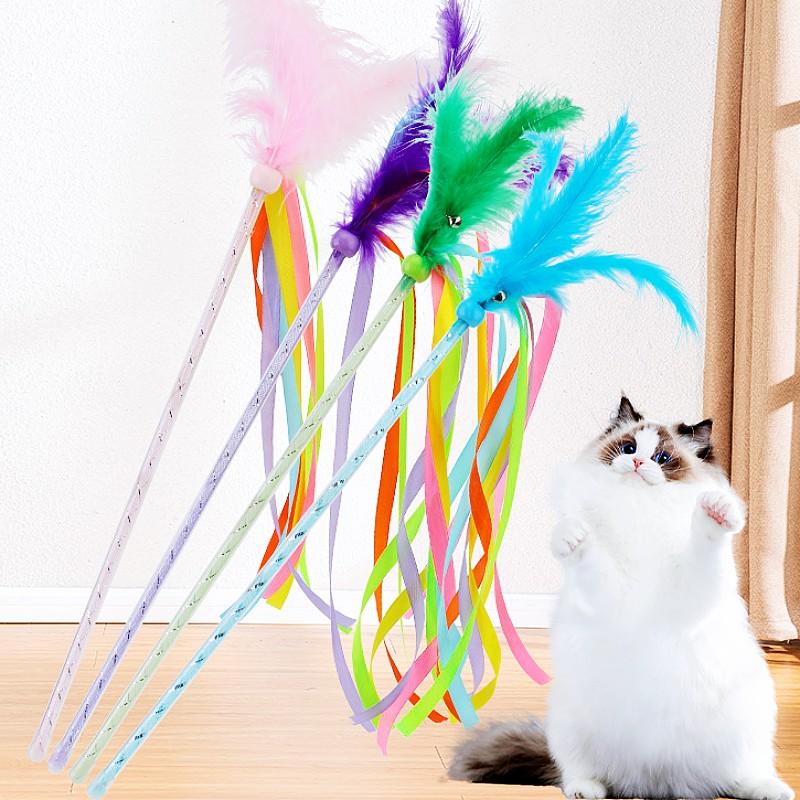Cat Toys Feather Interactive Cat Toy Tassel Cats Teaser Feather Tassel Kitten Toys with Bell Long Handle Cats Toy Pet Supplies