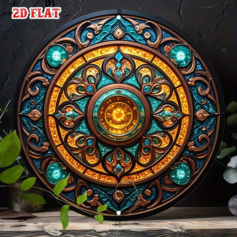 D Flaches Metallschild Mandala Blume Türkis Gold Orientalisch Rund Wandkunst Metallposter für Heimdekoration Ästhetisches Geschenk