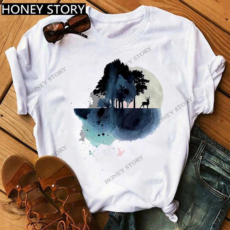 Mountain Print T-shirt Casual Harajuku T-shirt Beautiful Mountain Print Men's and Women's Trend Short Sleeve Summer polyester