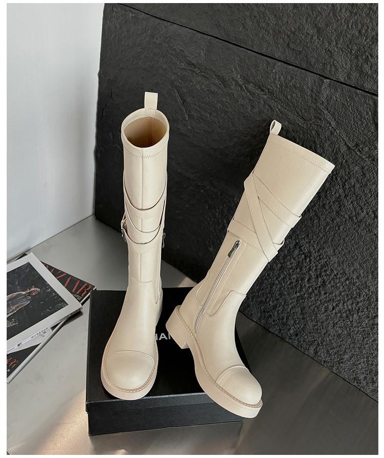 Leather thick heel boots women's 2025 autumn and winter new thick-soled knight boots small belt buckle inner height increase Martin boots