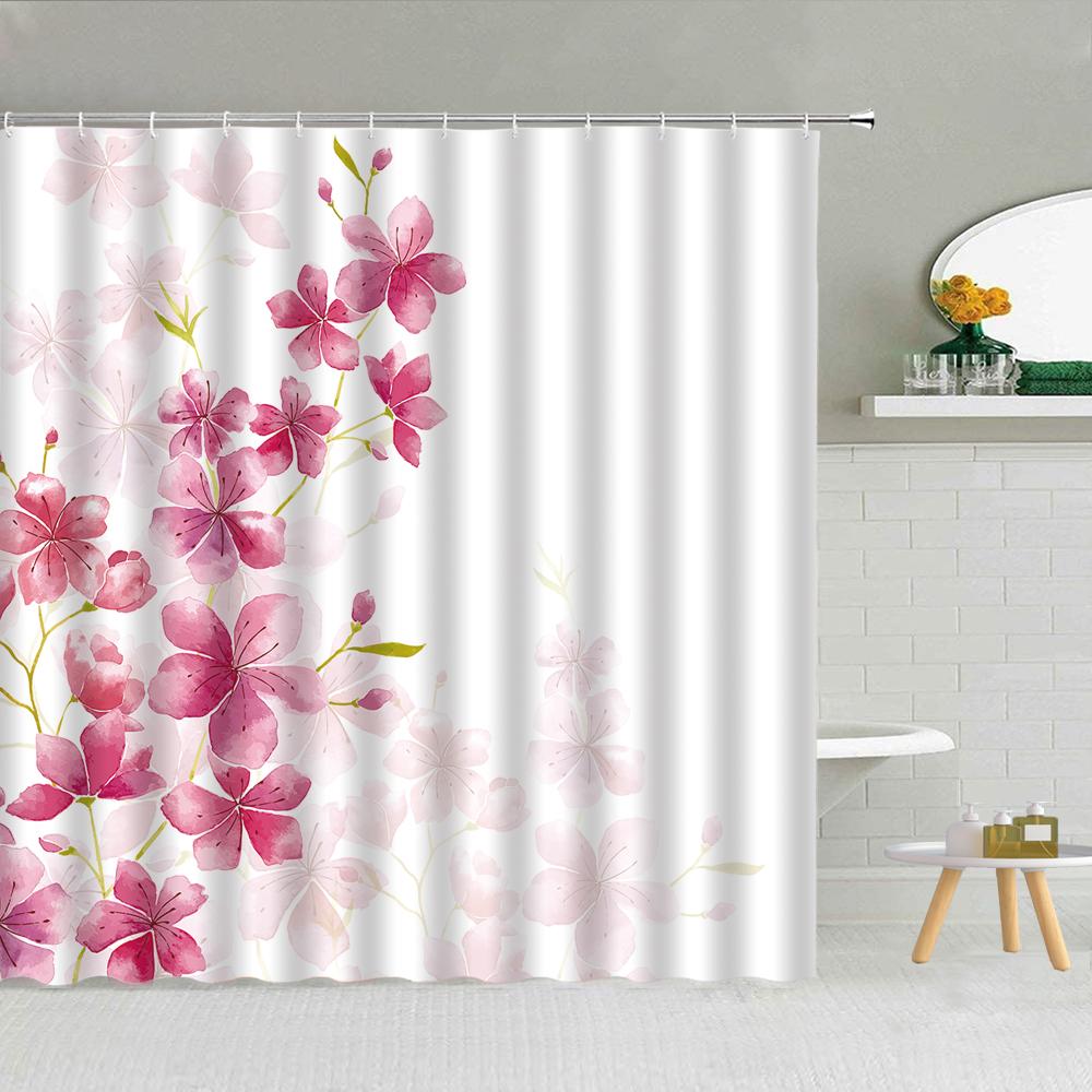 Floral Shower Curtain, Spring Nature Theme Cherry Blossom Bathroom Decor Polyester Fabric Waterproof Bath Curtain with Hooks