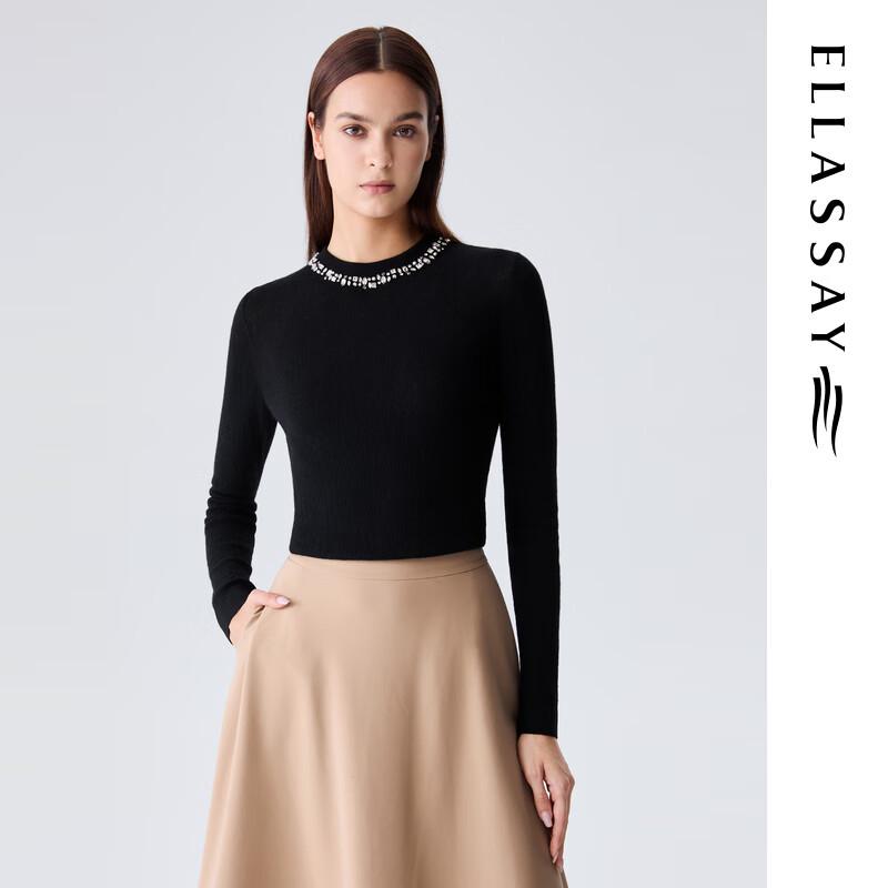 

ELLASSAY Women s Merino Wool Rhinestone Mock Neck Knit Sweater S