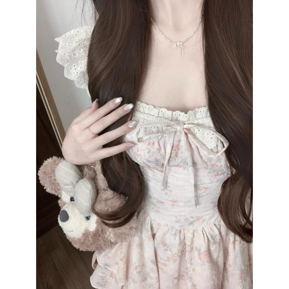 Summer French Gentle Wind Sweet and Unique Beautiful Floral Suspender Dress Waist Puffy Skirt Super Beautiful French