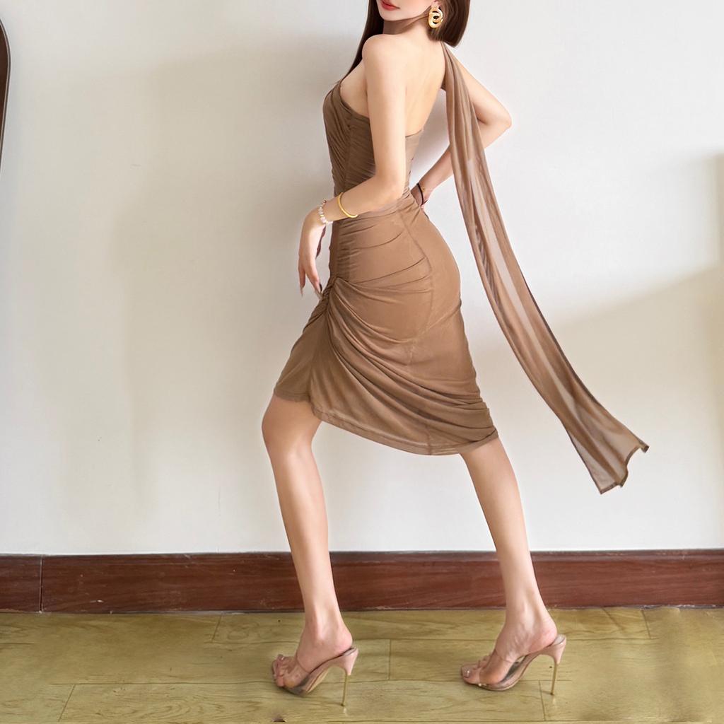 2026 European and American summer new personalized fashion solid color slim-fitting micro-transparent gauze elegant temperament dress women