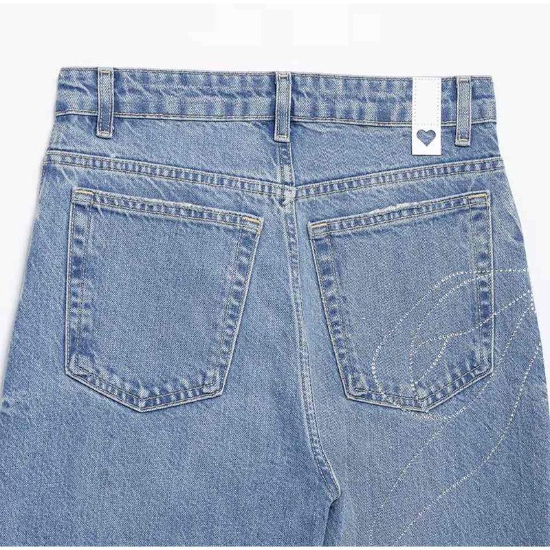 Women's Fashion Slim Fit High Waist Denim Pant Rhinestone Embellished Jeans Street Blue Wash Solid Color Casual Wide Leg Jean 2025 Spring