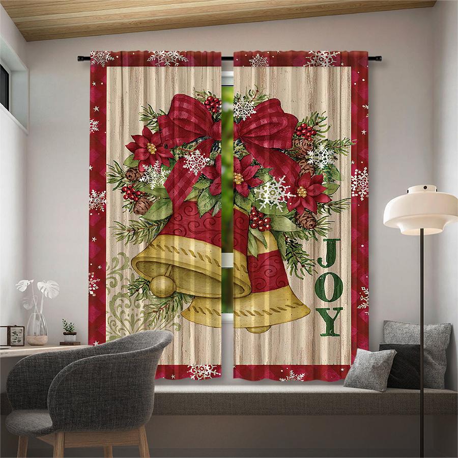 Christmas Golden Bell Print Curtains   Christmas Decorations   Home Decorations   Room Decorations
