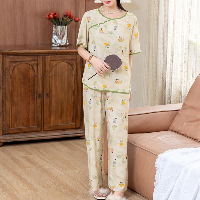New pajamas women's summer cotton silk retro style women's new Chinese hanfu mother cotton silk loungewear large size