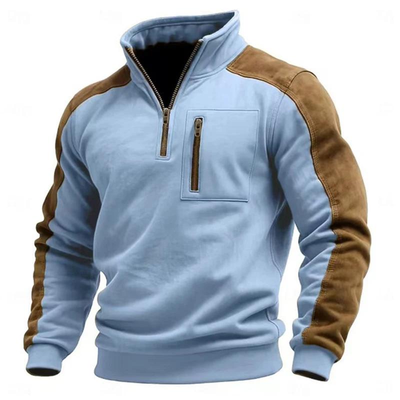 Fall Winter Outdoor Casual Sweatshirt Men Fashion Suede Long Sleeve Patchwork Hoodie Top Mens Vintage Zipper Stand Collar Pullovers