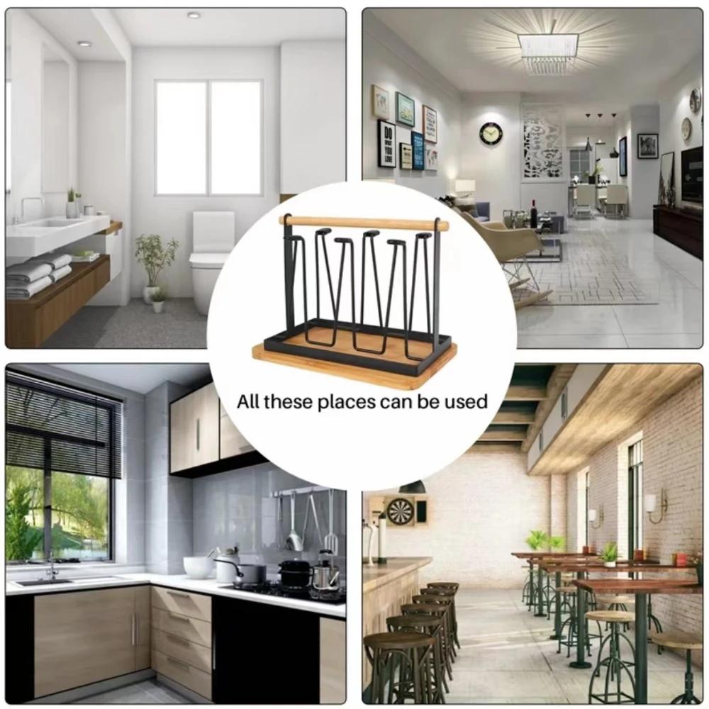 Cup Holder Iron Water Draining Rack Portable Glasses Organizer Kitchen Cup Shelf With Tray Drying Rack Kitchen Storage