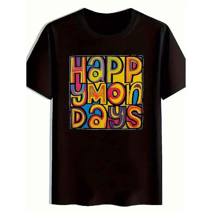 Men S Retro Happy Mondays Graphic T-Shirt - 80S Inspired Bold Multicolor Letter Design, Lightweight Loose Fit Short Sleeve Crew Neck Tee for Music S чёрный