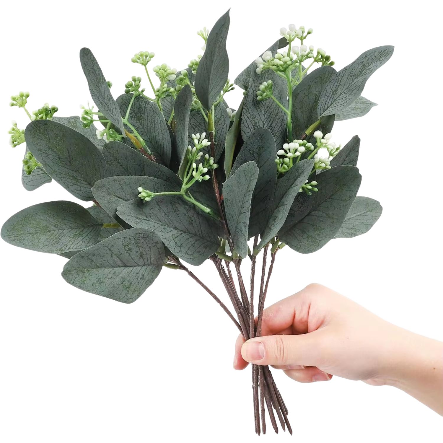 

Artificial Eucalyptu Leaves Stems Eucalipto Branch Carrying Fruit Floral Bouquets Wedding Holiday Greenery Home Room Table Decor 5PCS