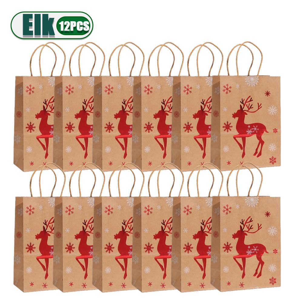 12PCS New Christmas Foil Stamped Paper Gift Bags Brown Kraft Tote with Reindeer Snowflake Tree Design for Holiday Party Presents