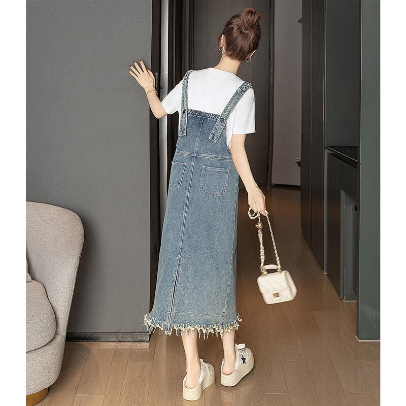 SIBASHE Women's Washed Denim Pinafore Midi Dress