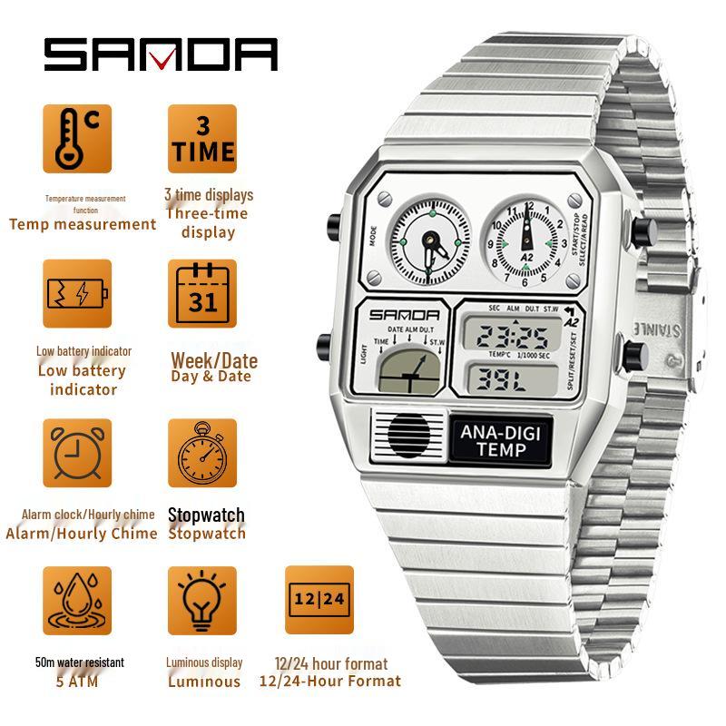 Sanda Men's Multi-Function Square Steel Band Watch with Temperature Measuring and Stopwatch Timer