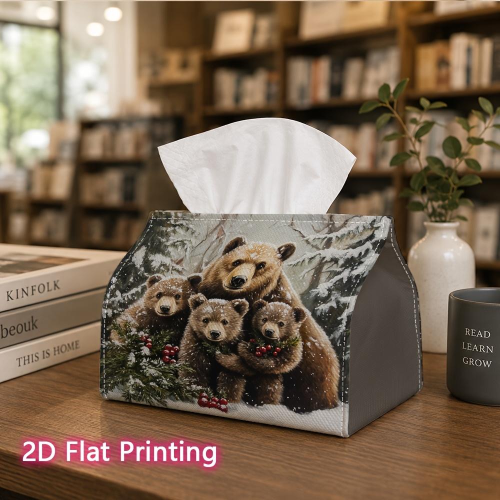 1pc, 2d Flat Printing, Tissue Box Winter Bear Family Pattern Printed Tissue Box, Suitable for Home, Kitchen, and Car Decoration, Tissue Dispenser, Ide
