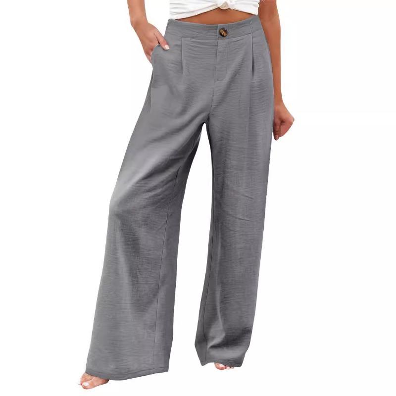 Women Solid High Waist Single Button Front Pleated Loose Wide Leg Comfort Casual Long Trousers
