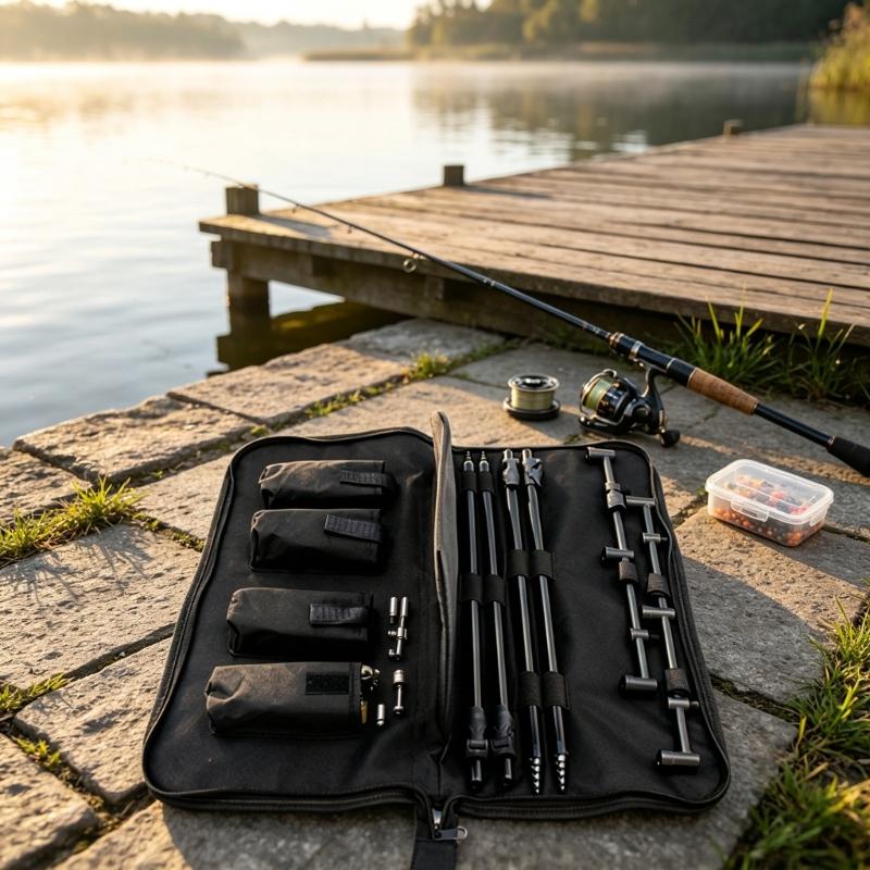 Oxford Cloth Fishing Bites Alarm Carrying Case, Foldable Bankstick Organizers with Four Internal Sleeves and Strap for Separated Tackle Storage