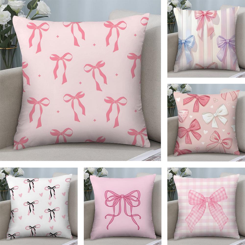 Pink Bow INS Cushion Cover Plush Fabric Soft DoubleSided Printed Sofa Warm Winter Home Child Gift Pillow Case