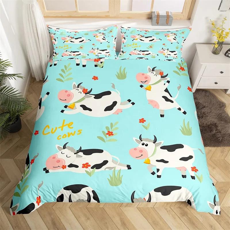 Comforter Cute Cartoon Cows Twin King Farm Animal Bedding Set Microfiber Botanical Floral Comforter For Boys Girls