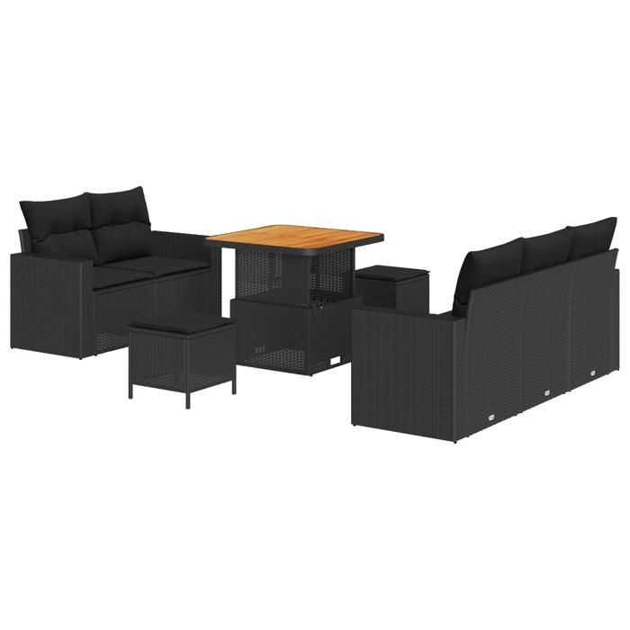 Ensemble de Canapés de Jardin 8 Pièces avec Coussins Noir Rattan Poly Acacia, Ensemble de Salle à Manger de Jardin 3 Pièces 3363504