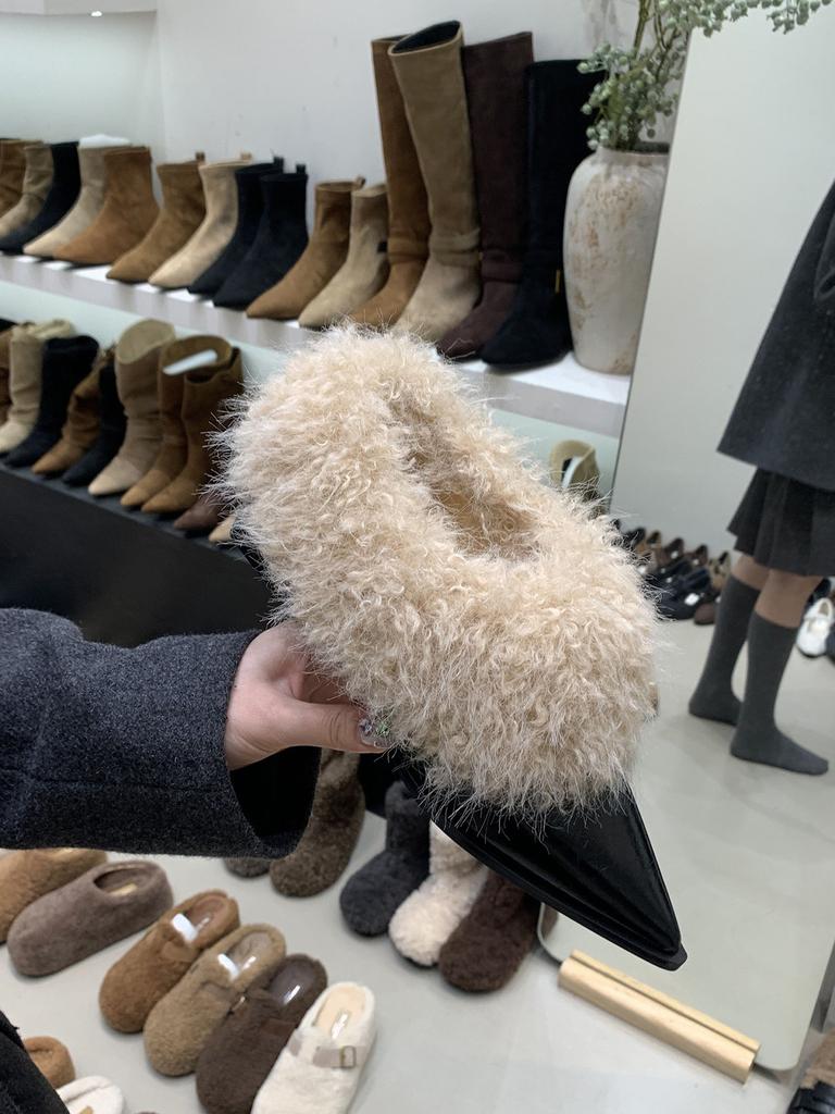 French thick heel pointed brown small leather shoes plush warm fluffy shoes autumn and winter temperament gray high heels