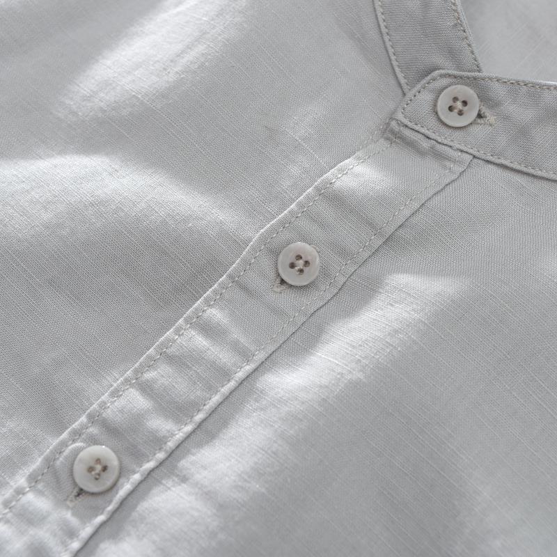 Men's Short Sleeve Stand Collar White Linen Shirt - Lightweight, Breathable, Casual, and Fresh.