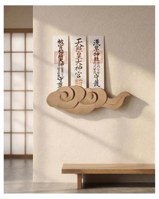 Azixcos Auspicious Cloud Relief Shinto Altar with Amulet Stand Wall-Mounted [Three-Shrine Style] Wall-Mounted