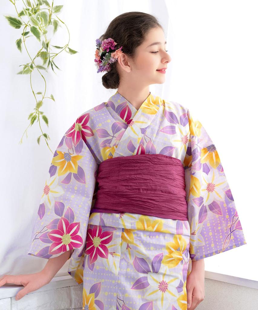 Zestaw Yukata Junior Retro Splot Zmiany 3-częściowy Zestaw Heiko C Dziewczęcy Słodki [KYOETSU] (Yukata, Obi, Geta) (140cm, 5. Niewola)