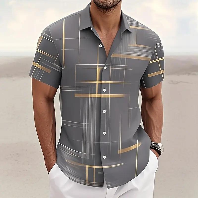 Men s Geometric Plaid Button Shirt Casual Fashion Outdoor Vacation Street Trend Shirt 3D Printed Short Sleeve Shirt XS