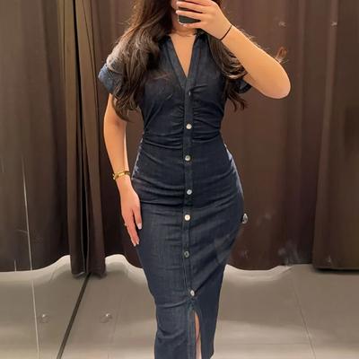 Novo Vestido Midi Jeans de Lapela de Manga Curta para Roupas Femininas