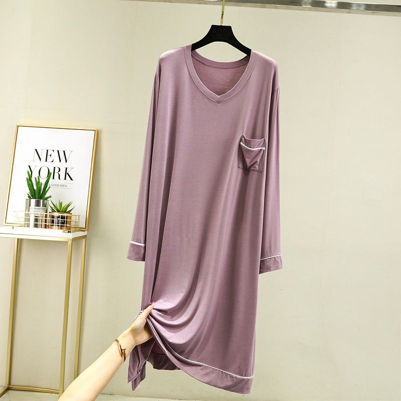 Men's Loose Modal Lounge Dress - Summer Thin V-Neck Long Sleeve Casual Wear, Oversized Home Outfit with Pockets