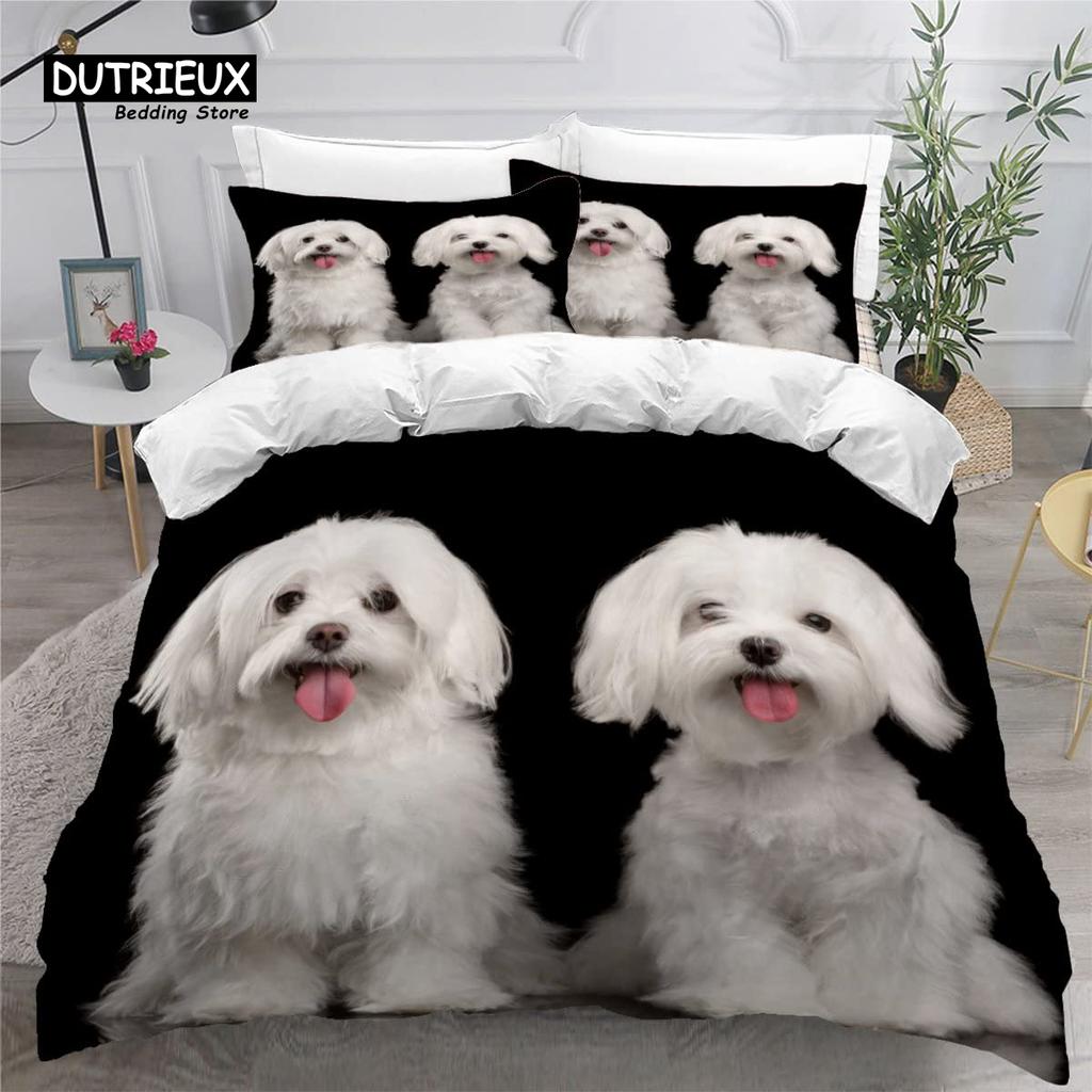 Sött Påslakanset med Maltesisk Hund Husdjur Hundar Tema Sängkläder Mikrofiber Kawaii Djur Täcke Överdrag Twin King För Barn Tonåringar