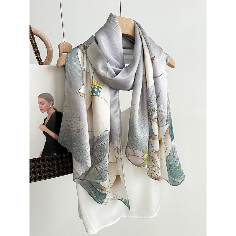 Temperament Lotus silk silk scarf versatile 12 mmi plain crepe satin long scarf women s gift high-end fashion mulberry silk scarf 172cm