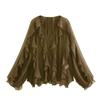 Women's V Neck Long Sleeve Ruffle Chiffon Blouse Loose Fit Lantern Cuff Single Breasted Flowy Shirt Spring Casual Top